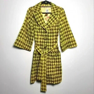 Ivy Jane RARE Vintage Houndstooth Coat In Muted Lime & Earth Brown With Belt XS